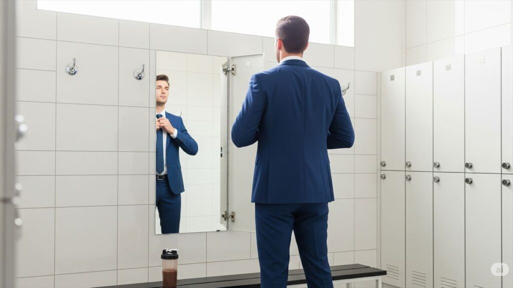 ジムのロッカールームでスーツ姿の男性が鏡の前に立ち、ネクタイを直している後ろ姿。トレーニング後の整った姿を映している。