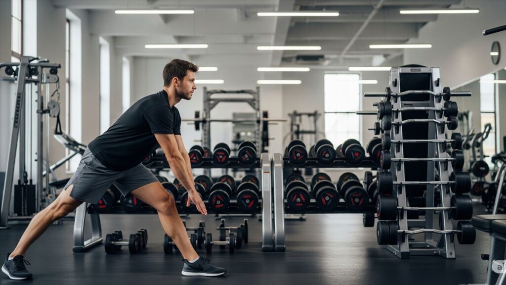 ジムでストレッチをしている男性トレーニーの横姿。落ち着いた空間でトレーニングを始める準備中。