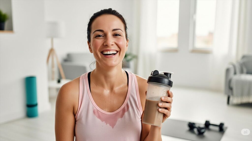 トレーニング後に笑顔でプロテインドリンクを持つ女性の爽やかな達成感シーン