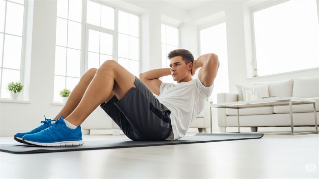 自宅で腹筋トレーニングをする男性のイメージ
