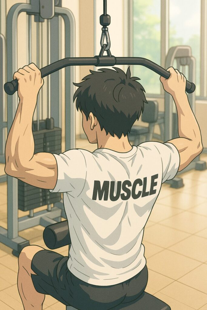 ラットプルダウンマシンで背中を鍛える男性の後ろ姿。Tシャツの「MUSCLE」が印象的。