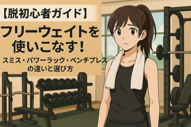 脱初心者女性がジムのフリーウェイトエリアで前を見据える、明るい雰囲気のイラスト