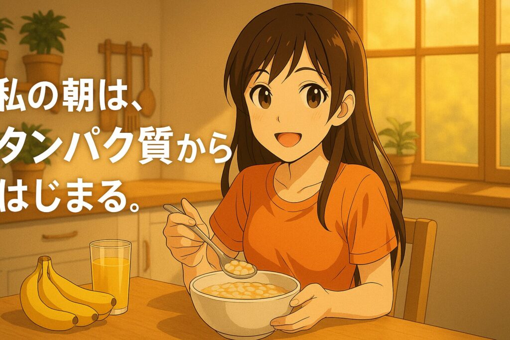 筋トレ女子の朝ごはん。オートミールを食べながら微笑む華恋風キャラ