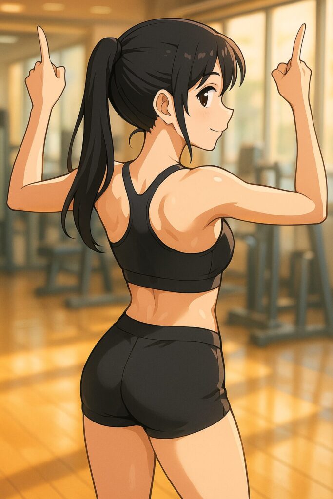 トレーニングによって鍛え上げられた女性の背中。理想的な逆三角形と広がりのある肩周りが美しく際立つ。