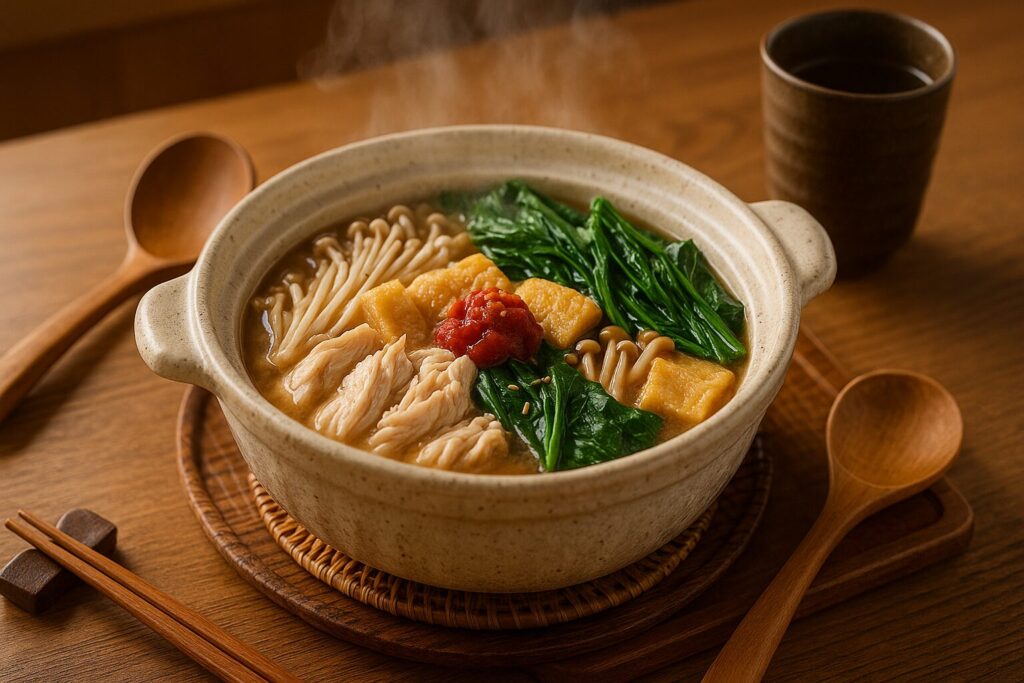 ささみ、油揚げ、葉物野菜、きのこを味噌で煮込んだ筋トレ向け鍋料理。土鍋から湯気が立ちのぼる