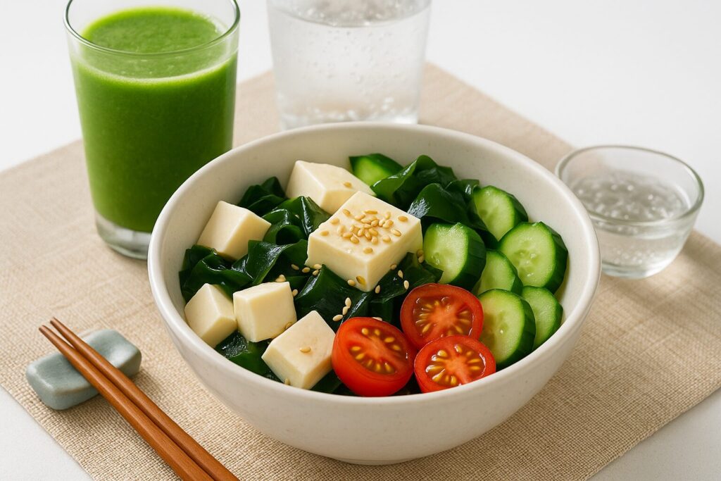 豆腐とわかめにきゅうりとミニトマトを添えたヘルシーなごまサラダ。白いボウルとグリーンスムージー付き