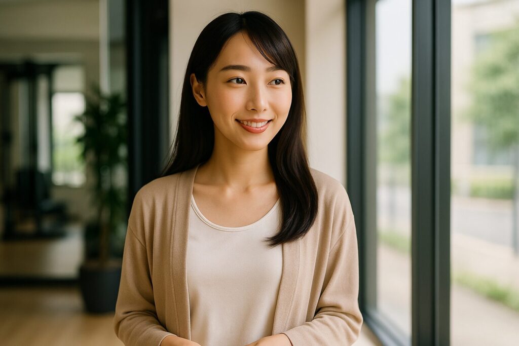 トレーニング後、前向きな表情で帰路につく女性(美月)