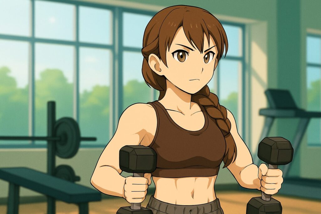 華恋がダンベル両手に持って肩トレ前に構えてる（ビフォーの雰囲気）