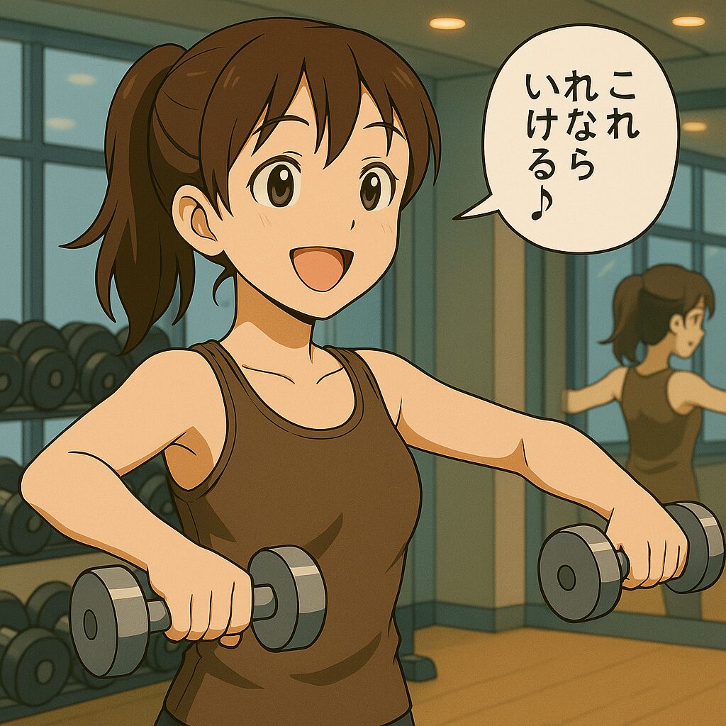 軽量ダンベルを持ち「これならいける♪」と笑顔で話す華恋のイラスト