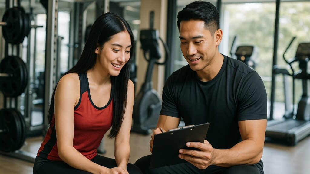 パーソナルトレーナーが女性会員とトレーニング内容を確認しているジム内の様子