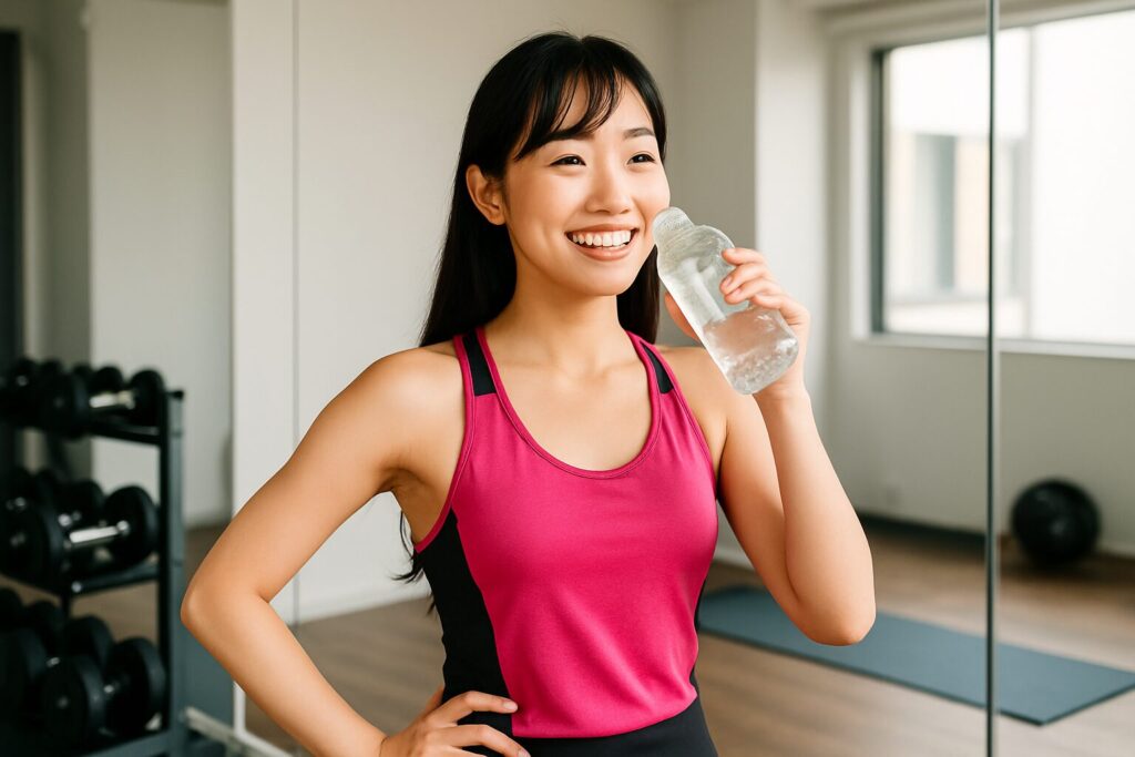 トレーニング後、笑顔で水を飲む女性トレーニー(ビーコンセプト)