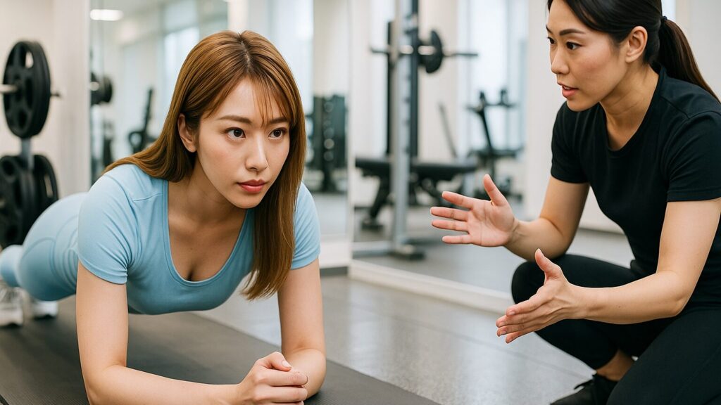 女性トレーナーがプランク中の女性にフォーム指導を行っているジムのトレーニング風景