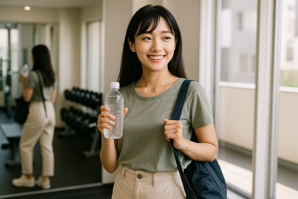 トレーニング後に水を飲みながら帰り支度をする華恋(ビーコンセプト)