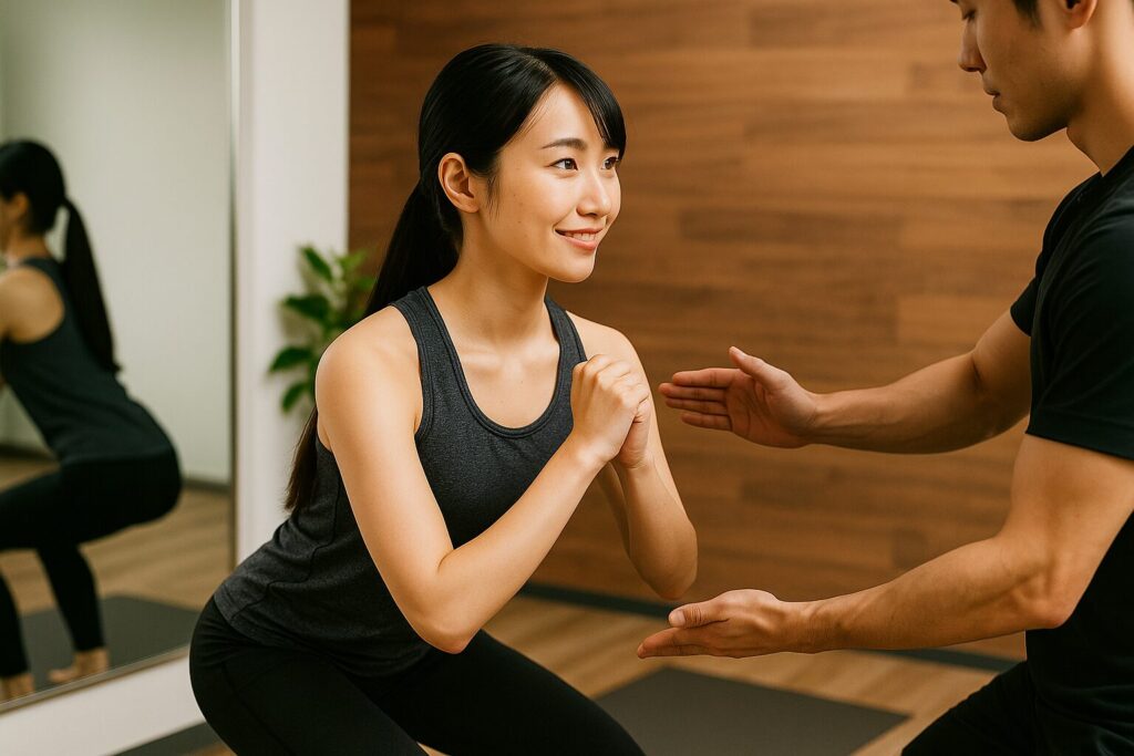 トレーニングマットの上でスクワット姿勢を取りながら集中する女性(華恋)