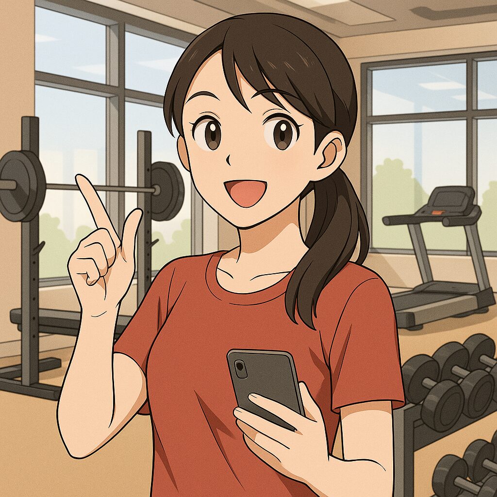 ジムの中でスマホを手に筋トレを促す美月のアニメ風イラスト
