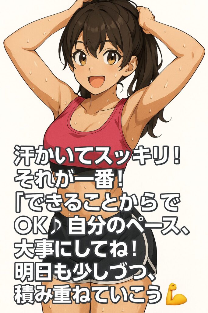 髪を結ぶポーズで笑顔を見せる華恋のイラストに、励ましのメッセージ入り