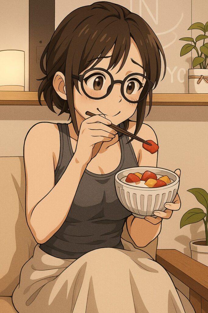 プロテインとフルーツを混ぜた夜食を食べる華恋のイラスト。部屋着姿でリラックスしながら微笑む姿が描かれている。