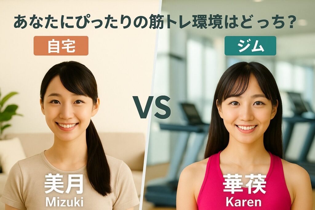 自宅トレーニング中の美月と、ジムでマシントレーニングをする華恋の比較バナー画像