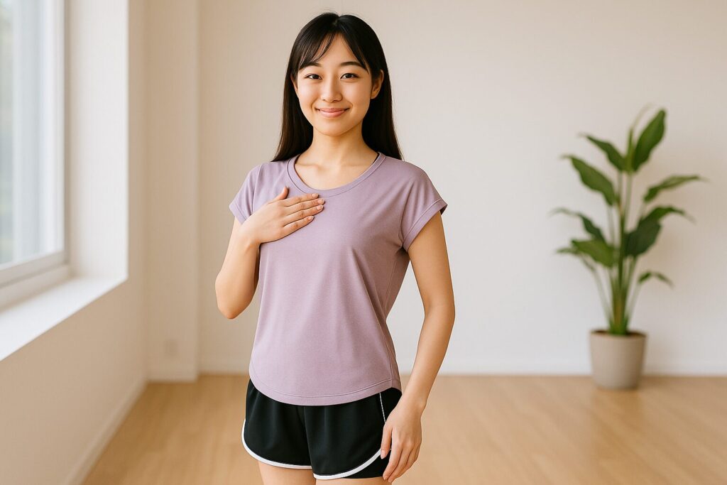 ジム内で肩を開いて立ち、胸元に手を当てて微笑む女性(華恋)