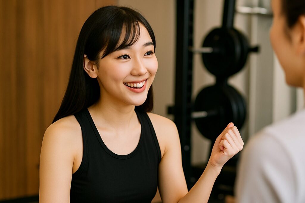 ジムのトレーニングスペースで横向きに話しかける女性(華恋)
