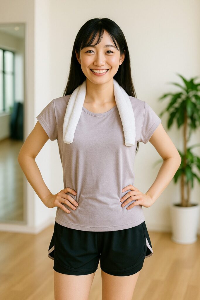 トレーニング後、笑顔でリラックスした表情を見せる女性（華恋）