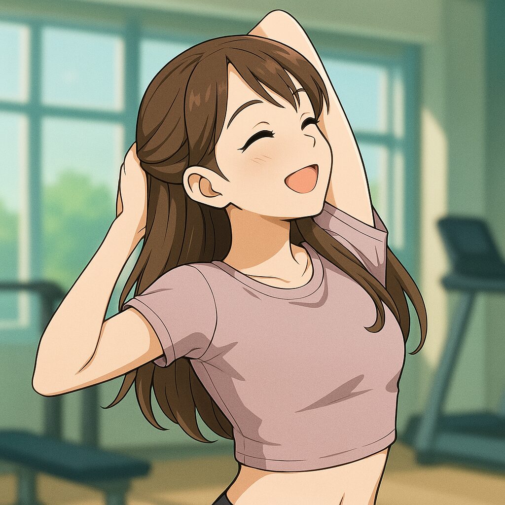 ピンク系ウェアで気持ちよくストレッチをしている美月のイラスト。明るく爽やかな表情で、初心者にも優しく寄り添う雰囲気。