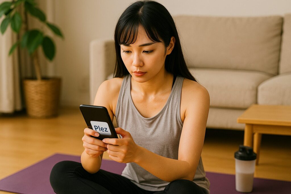 Plezのトレーニング後にスマホで記録を確認する女性(華恋)