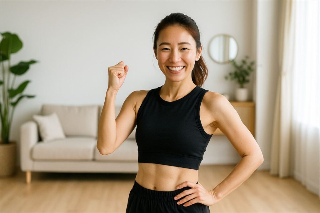 黒いスポーツウェアを着た女性インストラクターが、笑顔でガッツポーズをしている