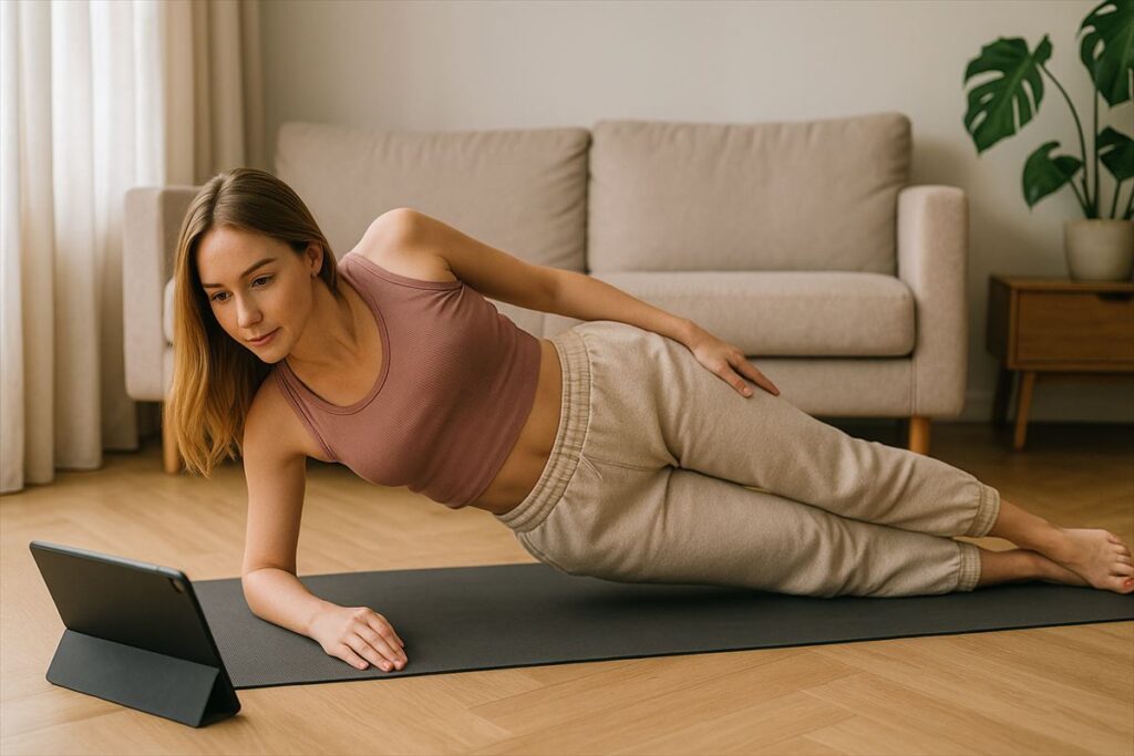 タブレットを見ながらサイドプランクをする女性。自宅のリビングでオンラインレッスン中