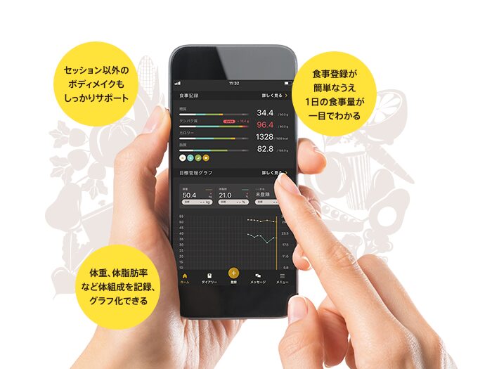 RIZAPの専用アプリで体重・食事・体脂肪率を管理する様子