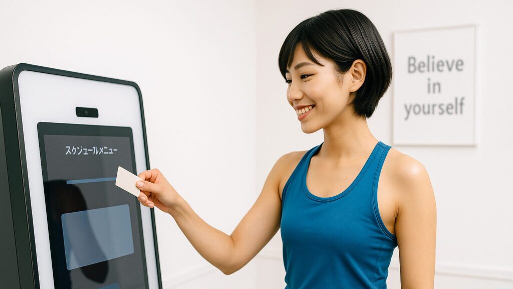 FURDIのAIチェックイン端末に会員カードをかざして入室する女性の様子