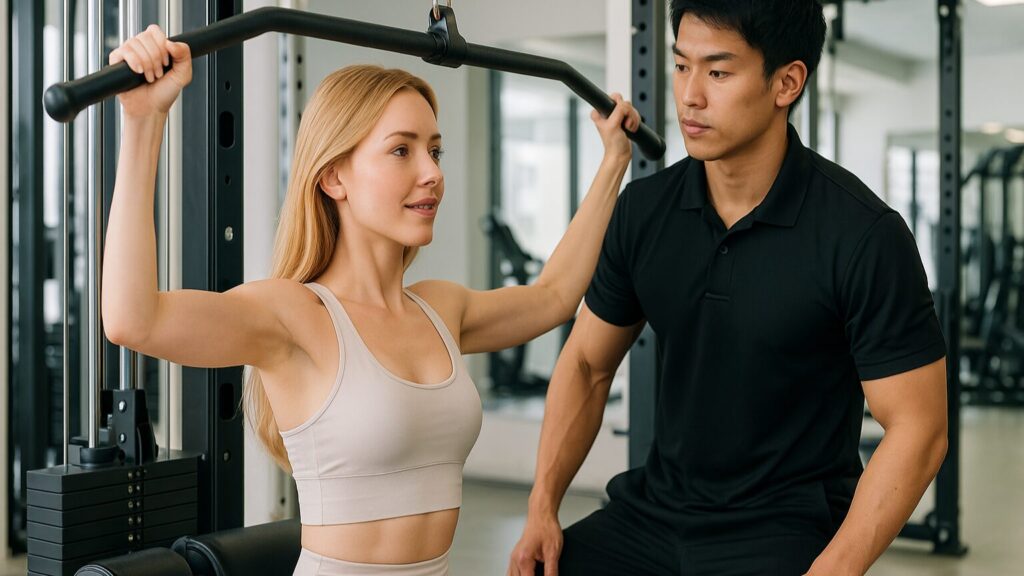 女性がラットプルマシンでフォームを確認しながらトレーニング。男性トレーナーが真剣な表情でサポートしている様子が伝わる場面。