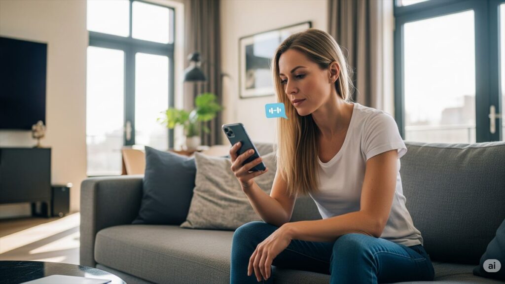 スマホでAIとやりとりしながらトレーニングメニューを考える女性の様子