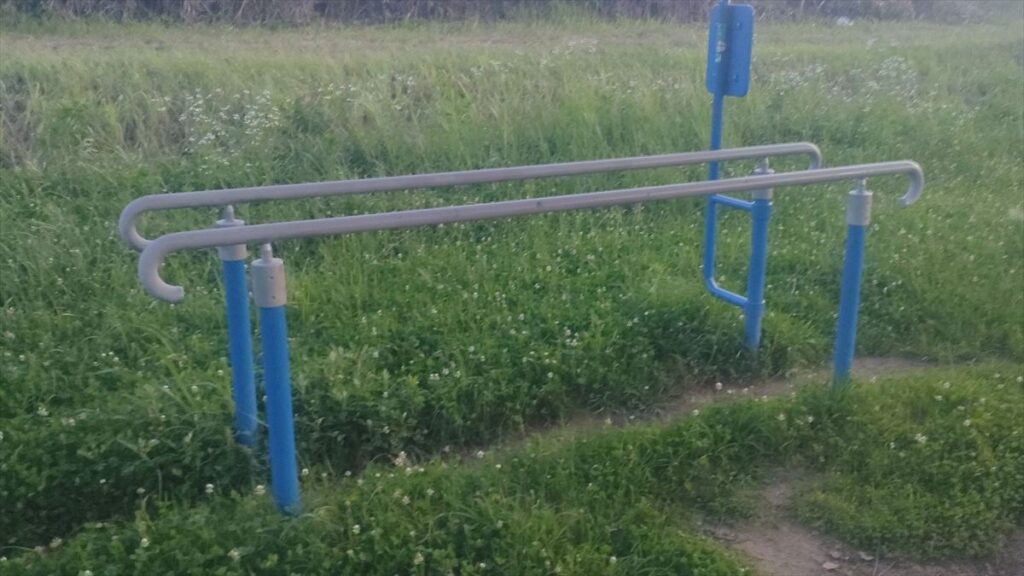 球磨川河川敷の健康遊具。手すりタイプのストレッチ器具が草地に設置されている様子