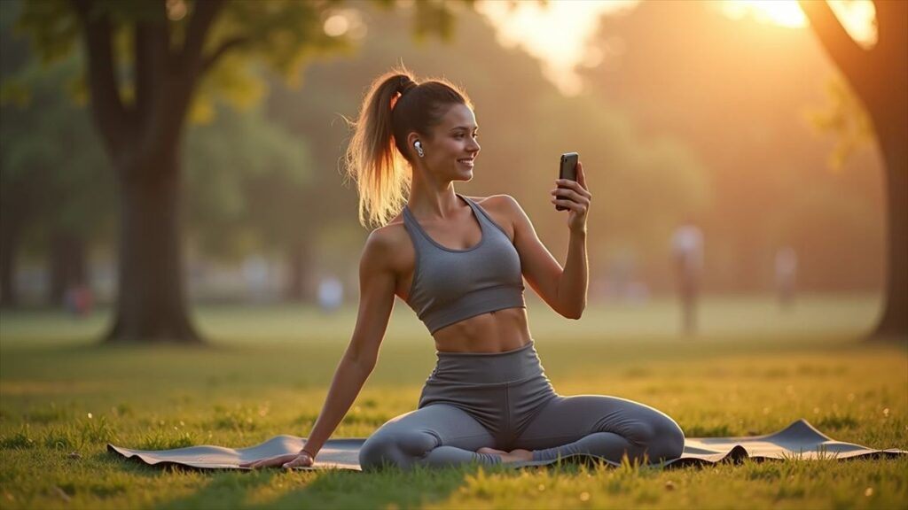 公園でスマホを見ながらトレーニングプランを考える女性の写真（夕暮れ・ヨガマット上）