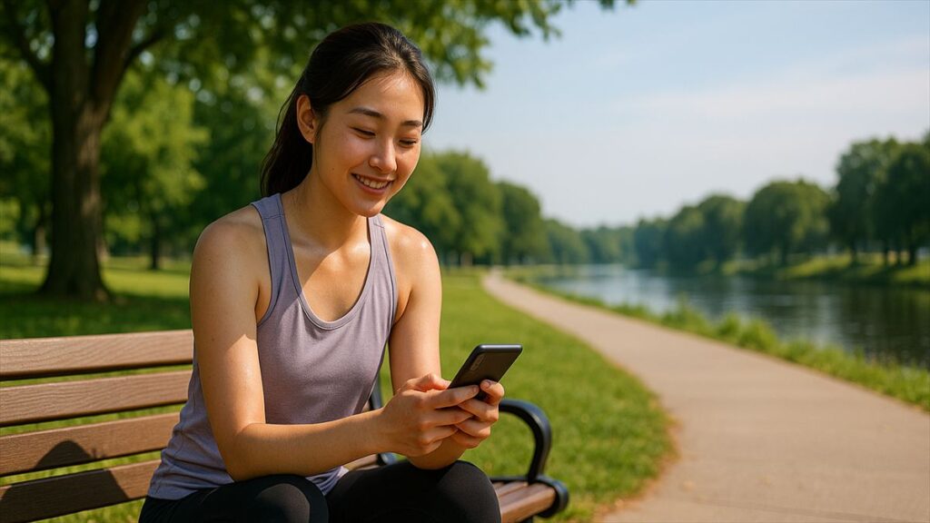 川沿いのベンチに座って、スマートフォンに笑顔で話しかける女性。公園でAIとトレーニングメニューを相談している様子