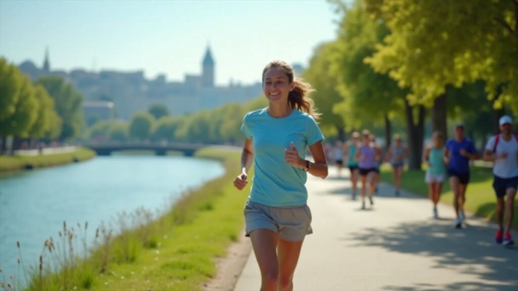 川沿いの公園を笑顔でランニングする女性。明るい自然の中でトレーニングしている