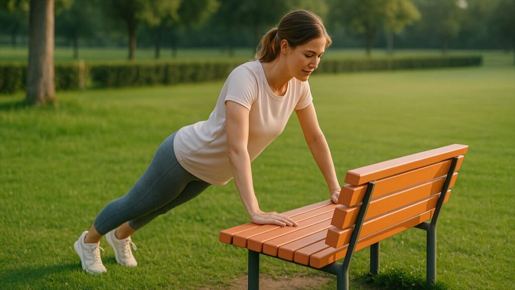 公園のベンチを使ってインクラインプッシュアップをする女性。緑の芝生の上でトレーニング中