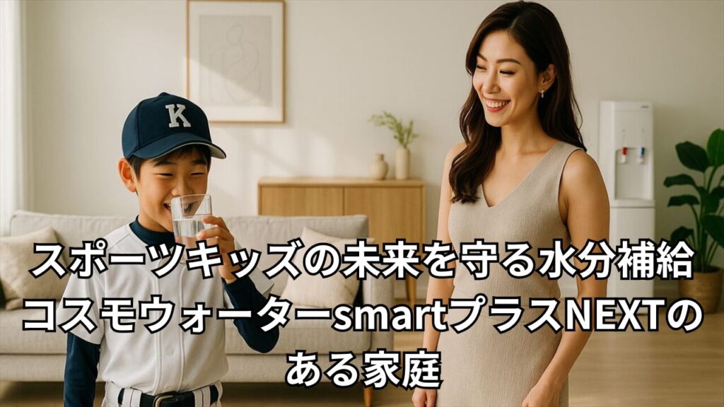 野球ユニフォーム姿の男の子が水を飲み、母親が微笑んで見守る様子。背景にはコスモウォーターsmartプラスNEXTのウォーターサーバーが見える。