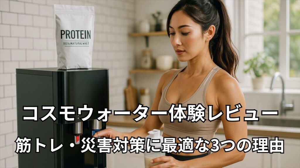 プロテインを作る女性とウォーターサーバー｜筋トレ・災害対策に最適なコスモウォーター体験レビュー
