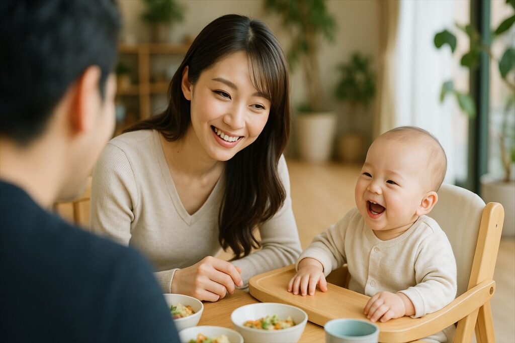 赤ちゃんと笑い合う幸せそうなママと家族の食卓シーン