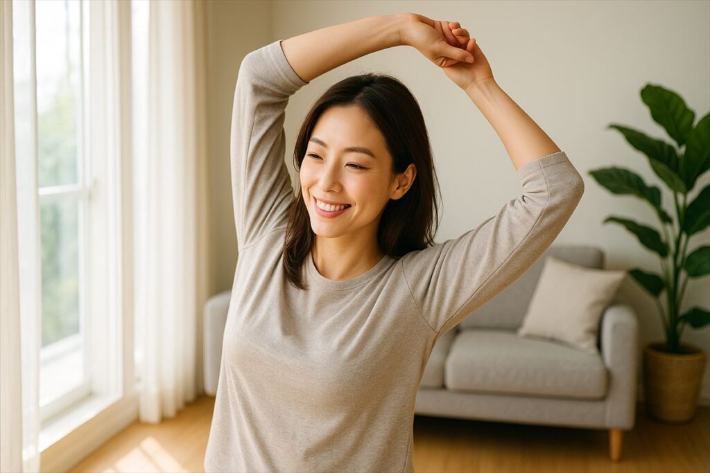 朝日を浴びながらストレッチする笑顔のママ