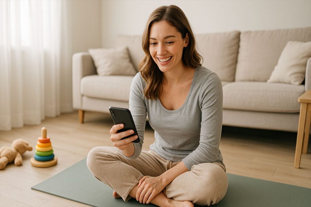 スマホでオンラインフィットネスSOELUに登録する笑顔のママ