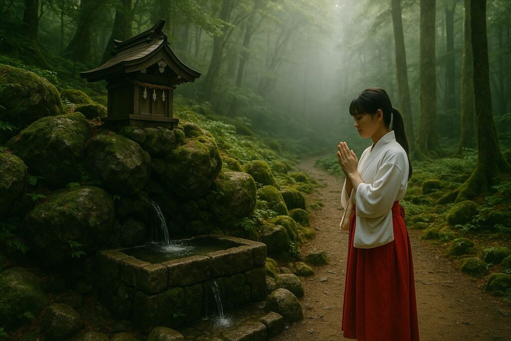 森に佇む小さな祠と湧き水に向かい、手を合わせて祈る巫女。静けさと神聖さに満ちた朝の森