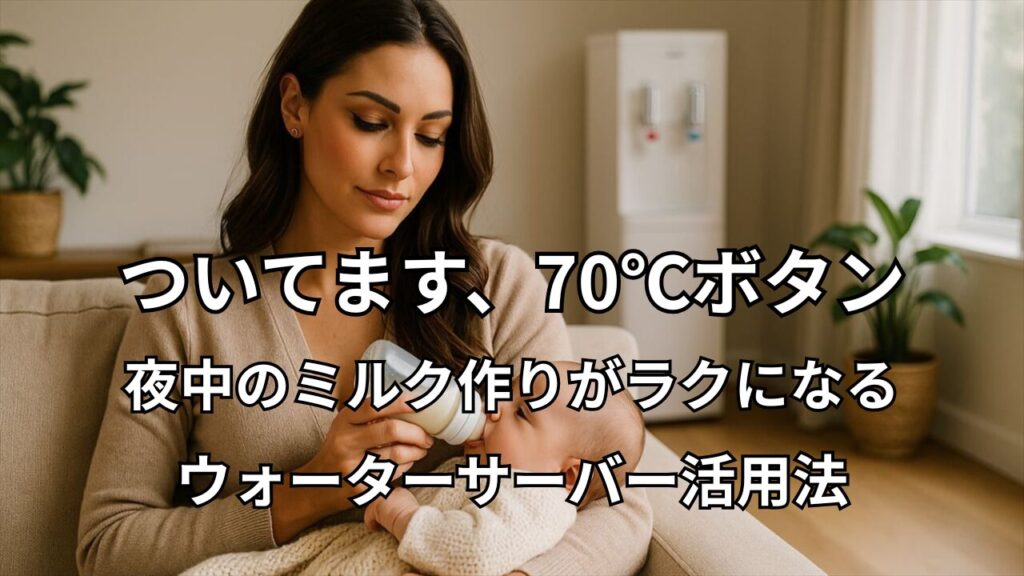 赤ちゃんにミルクをあげる母親とウォーターサーバー。70℃ボタンで夜中のミルク作りがラクに