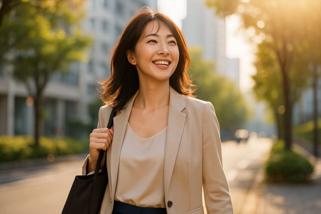朝日を浴びて笑顔で出勤する女性ビジネスパーソン