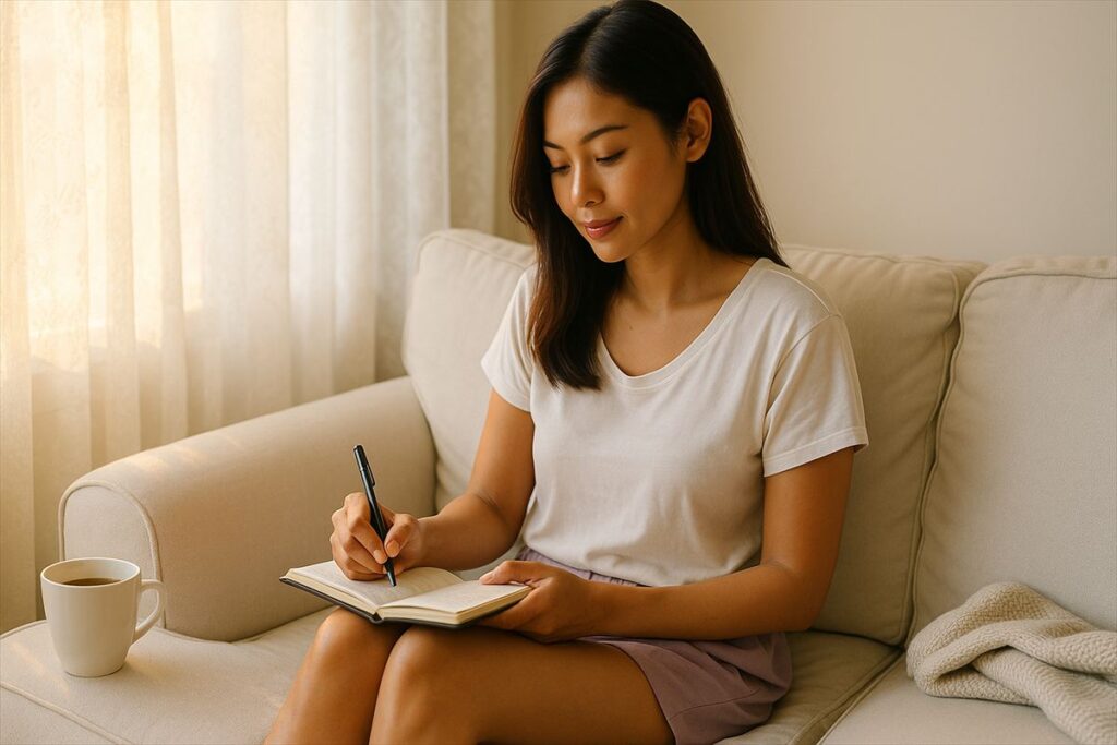 朝の光に包まれた部屋で、ノートに朝活の予定を書く女性