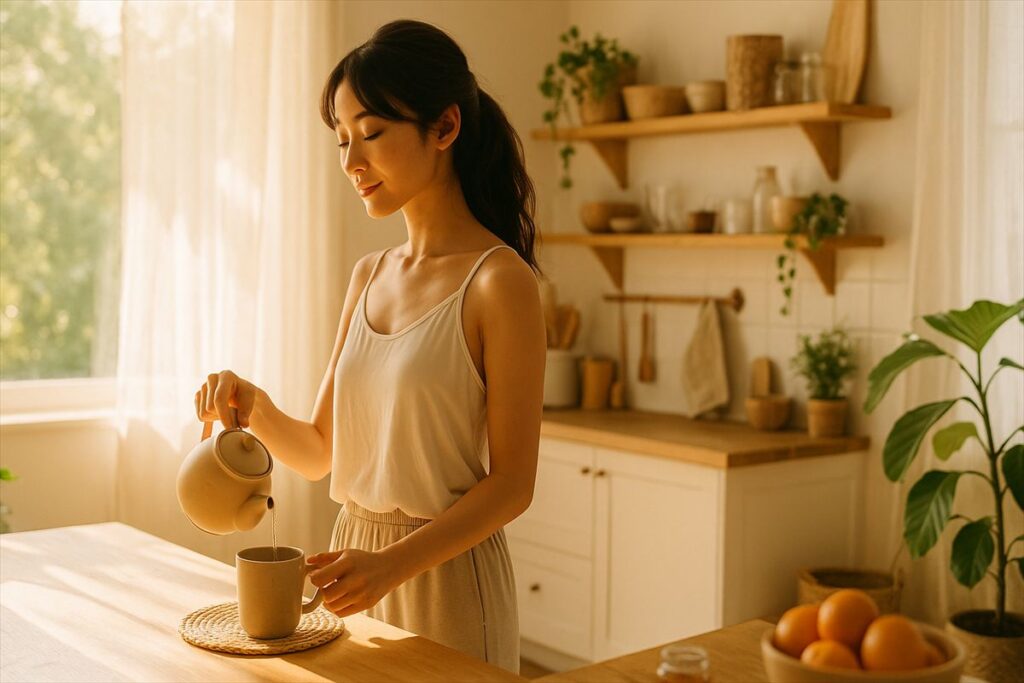 朝の光が差し込むキッチンでお茶を淹れる女性