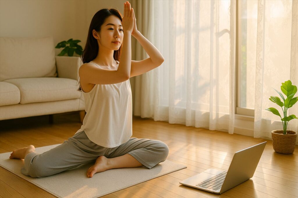 朝の光に包まれながらヨガに取り組む女性。心と体を整える朝時間の象徴