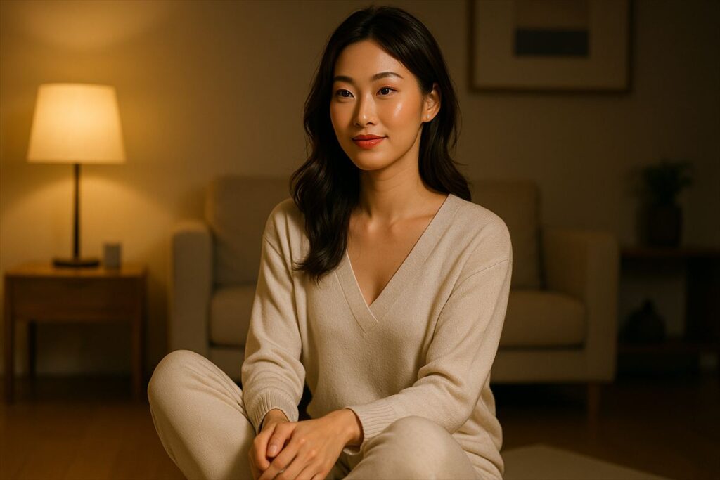 落ち着いた部屋で穏やかな笑みを浮かべる女性。リラックスした夜の時間を過ごしている様子。